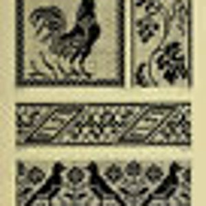May include: Four black and white embroidery designs. The top left design is a rooster. The top right design is a vine with leaves. The bottom left design is a geometric pattern. The bottom right design is two birds with a flower in the middle.