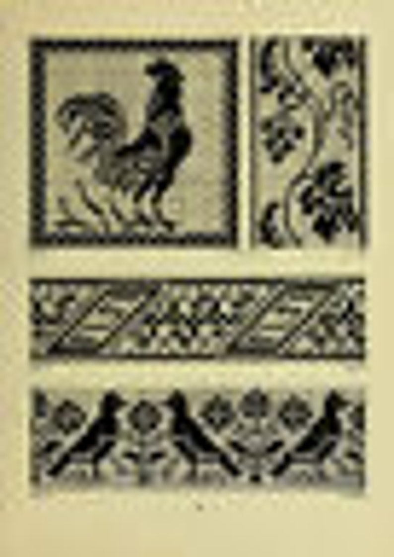May include: Four black and white embroidery designs. The top left design is a rooster. The top right design is a vine with leaves. The bottom left design is a geometric pattern. The bottom right design is two birds with a flower in the middle.