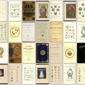 May include: A collage of images from antique books about pottery and porcelain. The images include various pottery marks, illustrations of vases, plates, and other ceramic objects, and text about the history and identification of pottery and porcelain.