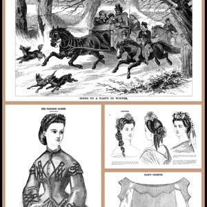 Peut inclure: Une illustration en noir et blanc d'une cal&egrave;che tir&eacute;e par des chevaux avec des personnes &agrave; l'int&eacute;rieur, traversant une for&ecirc;t enneig&eacute;e. Deux chiens courent devant la cal&egrave;che. Le texte "Going to a Party in Winter" est sous l'image. La moiti&eacute; inf&eacute;rieure de l'image montre une illustration en noir et blanc d'une femme portant une veste avec un col en dentelle et une jupe. Le texte "The Fanchon Jacket" est au-dessus de l'image. Le c&ocirc;t&eacute; droit de l'image montre trois illustrations en noir et blanc de coiffures f&eacute;minines. Le texte "Coiffures" est au-dessus des images. Le coin inf&eacute;rieur droit de l'image montre une illustration en noir et blanc d'un chemisier f&eacute;minin avec une bordure en dentelle. Le texte "Fancy Chemisette" est au-dessus de l'image.