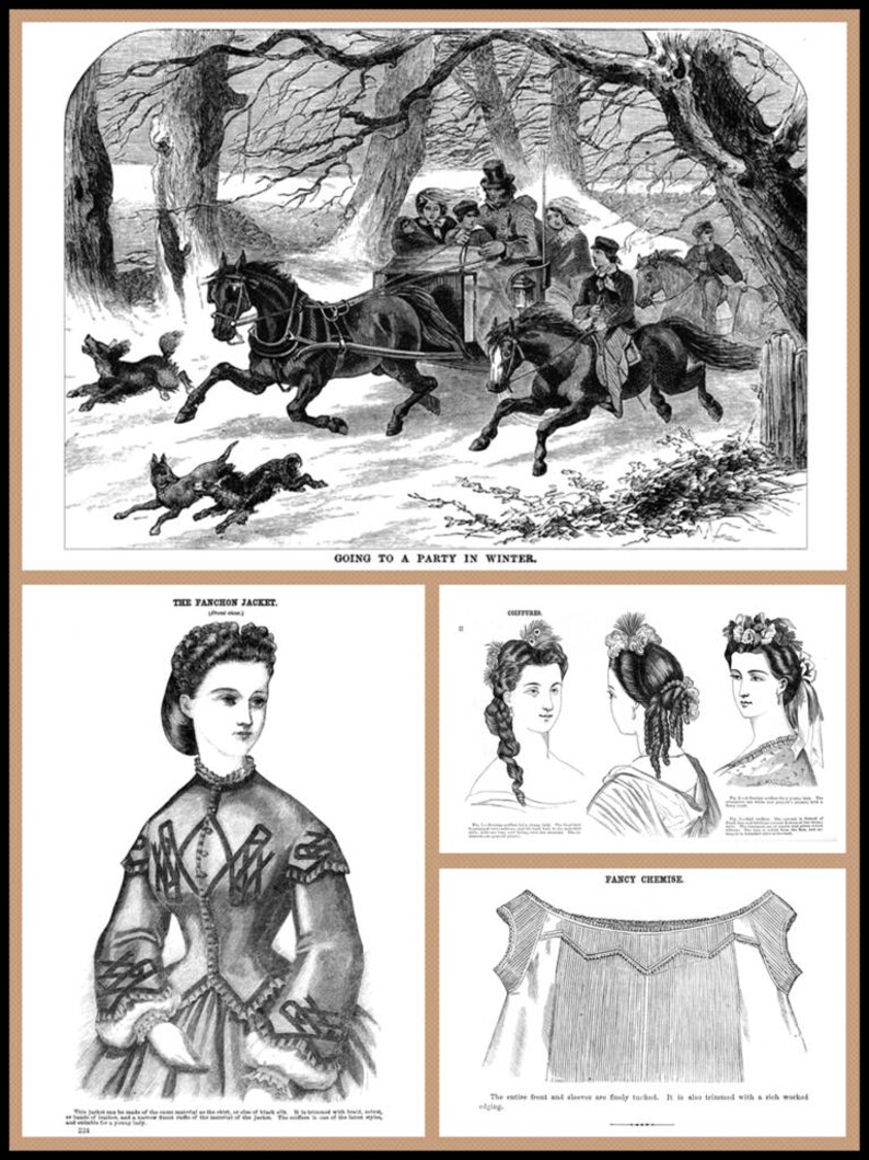 Peut inclure: Une illustration en noir et blanc d'une cal&egrave;che tir&eacute;e par des chevaux avec des personnes &agrave; l'int&eacute;rieur, traversant une for&ecirc;t enneig&eacute;e. Deux chiens courent devant la cal&egrave;che. Le texte "Going to a Party in Winter" est sous l'image. La moiti&eacute; inf&eacute;rieure de l'image montre une illustration en noir et blanc d'une femme portant une veste avec un col en dentelle et une jupe. Le texte "The Fanchon Jacket" est au-dessus de l'image. Le c&ocirc;t&eacute; droit de l'image montre trois illustrations en noir et blanc de coiffures f&eacute;minines. Le texte "Coiffures" est au-dessus des images. Le coin inf&eacute;rieur droit de l'image montre une illustration en noir et blanc d'un chemisier f&eacute;minin avec une bordure en dentelle. Le texte "Fancy Chemisette" est au-dessus de l'image.