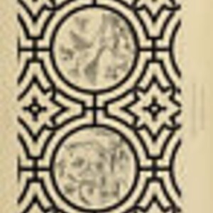 May include: Black and white illustration of a repeating geometric pattern with two circular designs. The circular designs feature stylized floral motifs.