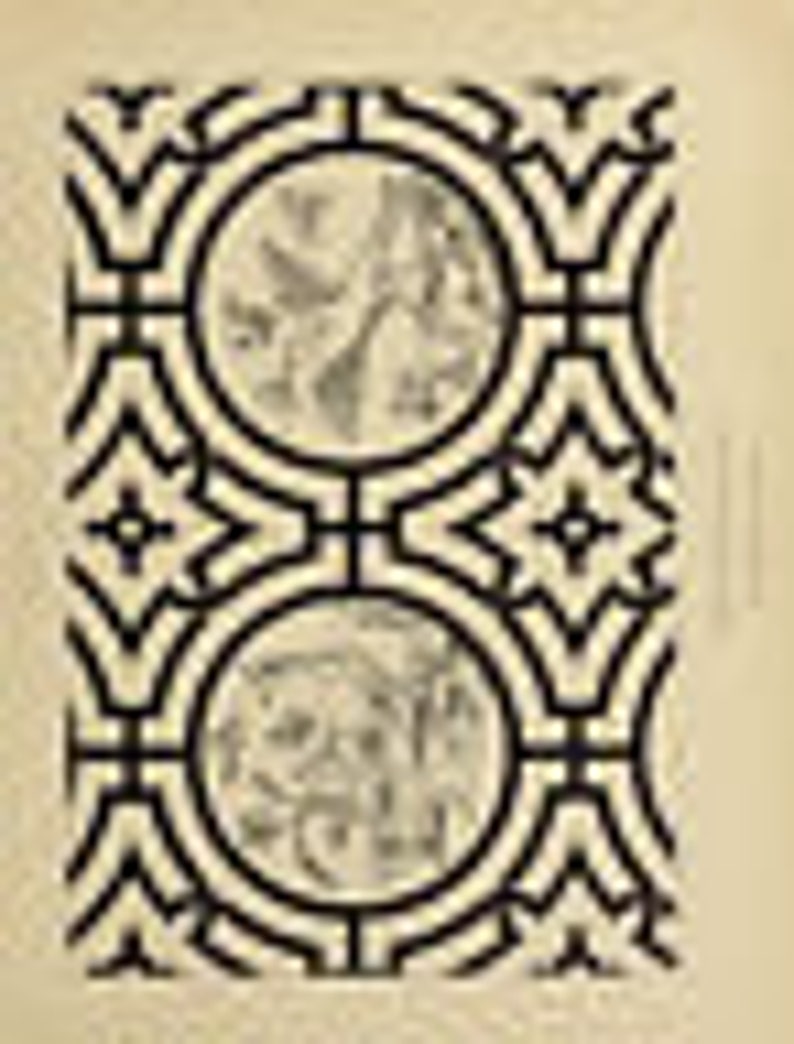 May include: Black and white illustration of a repeating geometric pattern with two circular designs. The circular designs feature stylized floral motifs.