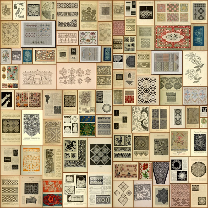 May include: A collage of vintage embroidery and lace patterns, featuring floral motifs, geometric designs, and intricate borders. The patterns are presented in a variety of styles, including cross-stitch, needlepoint, and crochet.