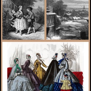 Peut inclure: Une illustration vintage repr&eacute;sentant un groupe de femmes portant des robes et des chapeaux &eacute;labor&eacute;s. Les femmes se tiennent dans une pi&egrave;ce avec un canap&eacute; rouge et un grand vase de fleurs. L'illustration est intitul&eacute;e "Godey's Fashions."