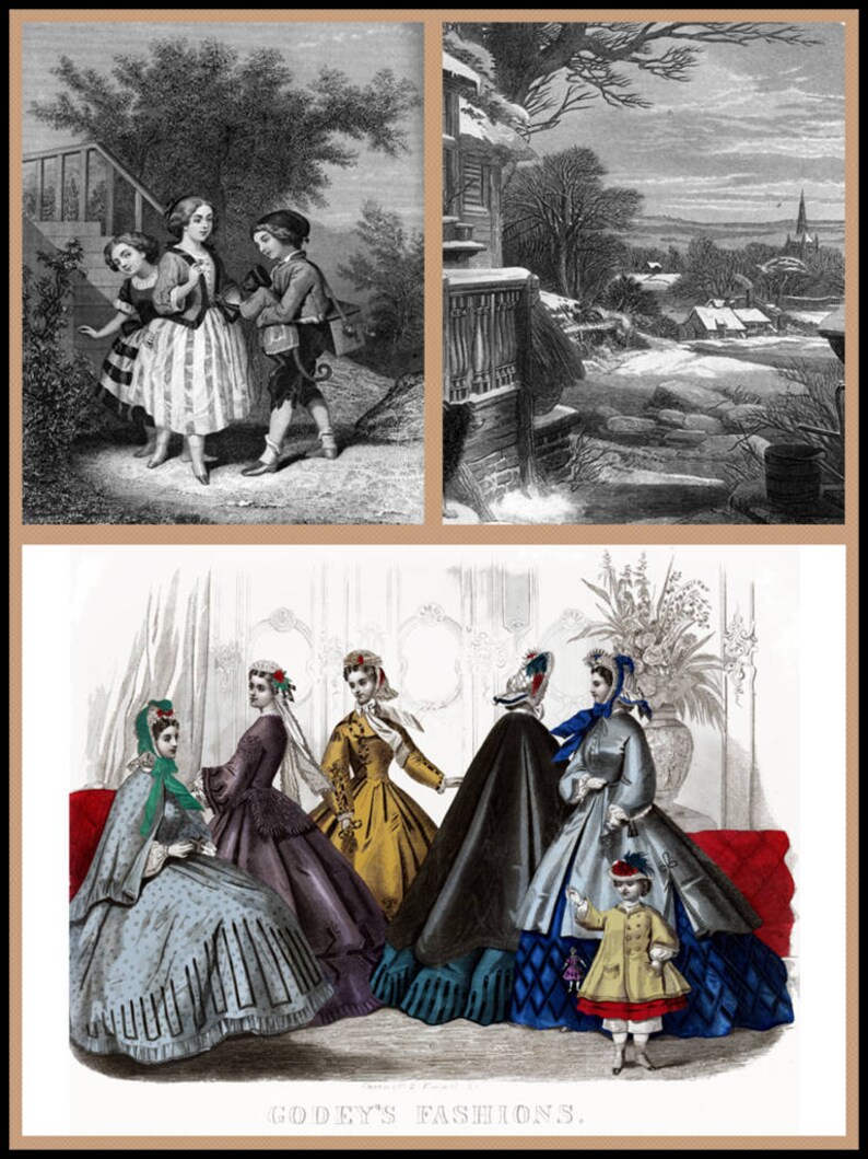 Peut inclure: Une illustration vintage repr&eacute;sentant un groupe de femmes portant des robes et des chapeaux &eacute;labor&eacute;s. Les femmes se tiennent dans une pi&egrave;ce avec un canap&eacute; rouge et un grand vase de fleurs. L'illustration est intitul&eacute;e "Godey's Fashions."