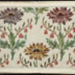 May include: A white ceramic tile with a floral design. The tile features four stylized flowers in shades of purple, pink, yellow, and green. The flowers are surrounded by green leaves and stems.