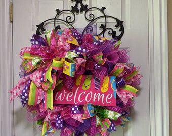 Flip-flop Wreath, Summer Wreath, Beach Wreath, Purple and Pink Wreath, Whimsical Wreath, Vacation Wreath, Beach house Wreath, Hostess gift