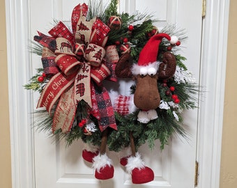 Christmas Moose, Winter Wreath, Moose Wreath, Holiday Wreath, Whimsical Wreath, Moose Decor, Front Door Wreath, Gift, Christmas Decor