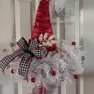 Elf Hat Christmas Wreath: Red & White Holiday Door Decor (24x16)