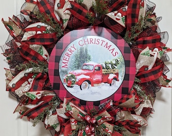 Red Truck Christmas Wreath,  Red Truck Wreath,   Christmas Wreath, Rustic Wreath, Red Truck Decor, Front Door Wreath, Farmhouse Wreath, gift