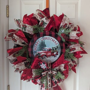 Red Truck Christmas Wreath: Buffalo Plaid Farmhouse Decor