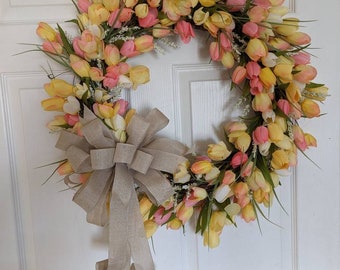 Tulip Wreath, Pink and yellow Tulip Wreath, Mother's Day Gift, Spring Wreath, Summer Wreath, Front Door Wreath, Mother's Day Wreath