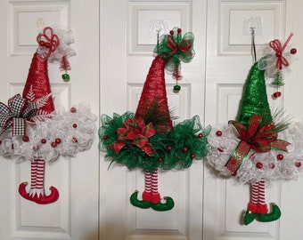 Santa hat, Elf hat, Christmas decorations, Christmas wreath, front door decor, gift