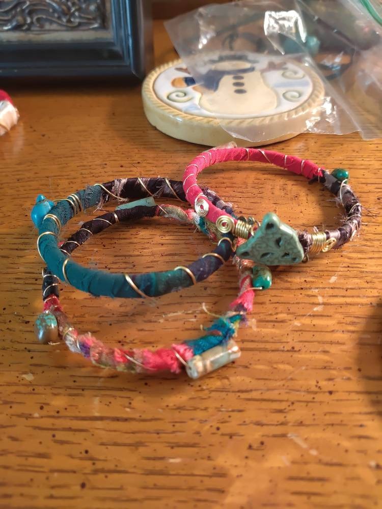 Bangle three stacked boho hippie recycled fabric beads wire warp bracelet set of 3