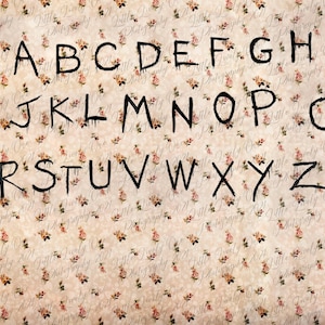 May include: The alphabet is written in black paint on a beige background with a floral pattern. The letters are dripping, as if they were written with wet paint.
