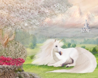 May include: A white unicorn with a golden horn lies in a grassy field with a white flowering tree and a castle in the background.