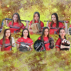 May include: A group of young people wearing red and black softball uniforms with the text "Next Level" on the front. They are holding bats and gloves and are standing in front of a green and brown background with baseball stitching.