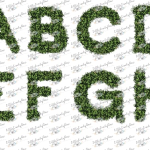 May include: A set of eight letters, A through H, formed from green foliage. The letters are arranged in two rows, with the first row containing A, B, C, and D, and the second row containing E, F, G, and H.