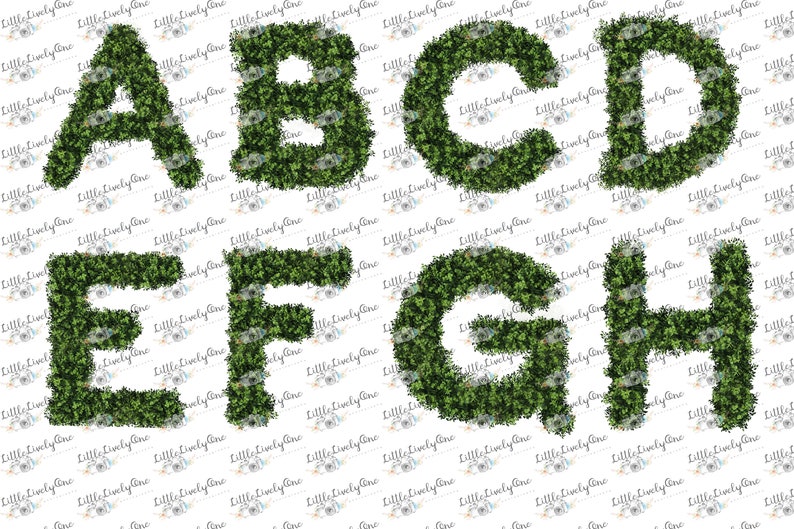 May include: A set of eight letters, A through H, formed from green foliage. The letters are arranged in two rows, with the first row containing A, B, C, and D, and the second row containing E, F, G, and H.