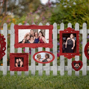 May include: A white picket fence adorned with multiple red picture frames in diverse shapes, each displaying photographs of people. The frames are arranged decoratively, with some suspended and others attached to the fence.
