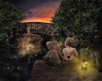 Baby background, toddler background, teddy bear backdrop, river dock background, sunset background, fireflies in a jar, fireflies background