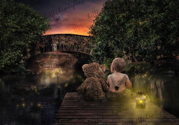Baby background, toddler background, teddy bear backdrop, river dock background, sunset background, fireflies in a jar, fireflies background