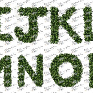 May include: Green letters I, J, K, L, M, N, O, and P made of greenery. The letters are isolated on a white background.