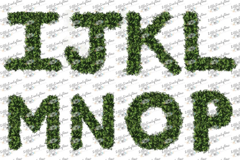 May include: Green letters I, J, K, L, M, N, O, and P made of greenery. The letters are isolated on a white background.