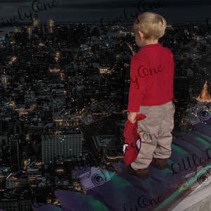 May include: A young boy in a red shirt and khaki pants stands on a rooftop overlooking a city skyline at night. The city lights are visible in the distance.