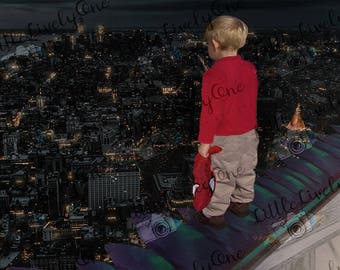 Fondo digital, telón de fondo digital, fondo de niño, escena de la ciudad, luces de la ciudad, superhéroe, spiderman, azotea, foto compuesta, escena nocturna
