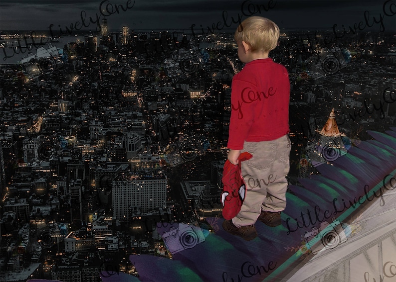 May include: A young boy in a red shirt and khaki pants stands on a rooftop overlooking a city skyline at night. The city lights are visible in the distance.