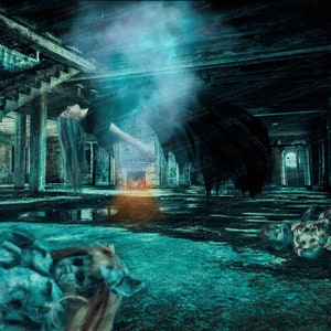 May include: A woman in a black dress floats in a dark, abandoned building. The building is filled with debris and water. There is a doll lying on the floor.
