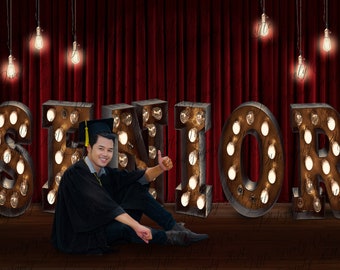 Digital background, senior photo background, red curtain, light bulbs, vintage light bulbs, edison light bulbs, stage background, theater