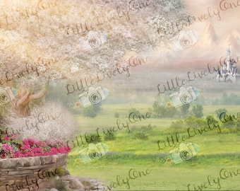 May include: A digital illustration of a fairytale landscape with a stone planter filled with pink flowers in the foreground. A large tree with white blossoms is in the background, and a castle is visible in the distance.