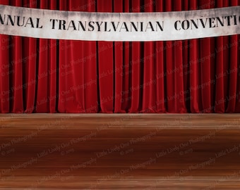 Rocky Horror Picture Show, Stage scene, theater stage, musical theater, Time Warp, red velvet curtain, wooden floor, rocky horror props, red