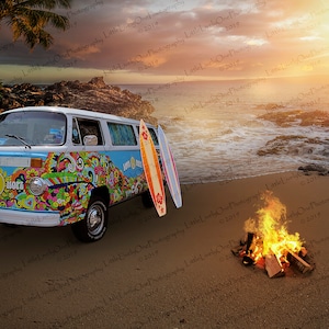 digital photography * digital photos * Stock photo * photoshop * hippie van * beach scene * surfing * composite photo * vw van * campfire