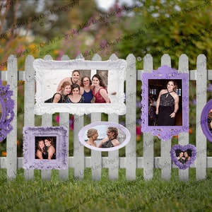 May include: A white picket fence decorated with purple picture frames and a round frame. The frames contain photos of groups of people, some in formal attire, others in casual clothing. The photos are all in colour and are well-lit.
