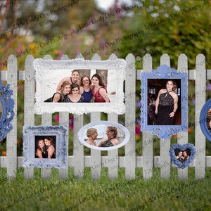 May include: A white picket fence with various blue and white picture frames hanging on it. The frames contain photos of groups of people in formal attire. The photos are taken in different locations, including a beach and a building.