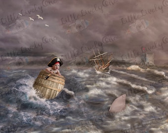 Pirate background, pirate ship, sea life backdrop, seagulls, shark background, lost at sea backdrop, rough seas, composite backdrop, storm