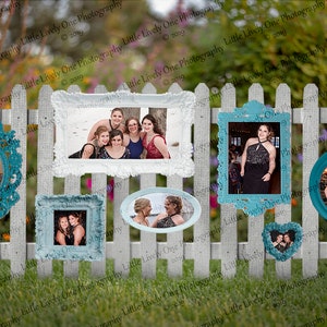May include: A white picket fence decorated with various teal and white picture frames. The frames are decorated with ornate designs and contain photos of groups of people.