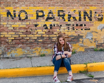 Digital Background, digital backdrop, no parking, brick wall, street photo, sidewalk, yellow and red, senior photo background, portrait