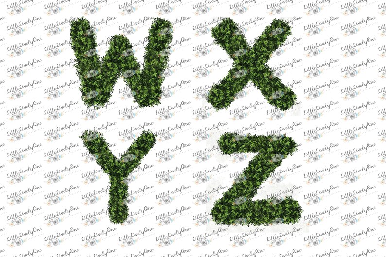 May include: The letters W, X, Y, and Z are formed from green foliage. The letters are isolated on a white background.