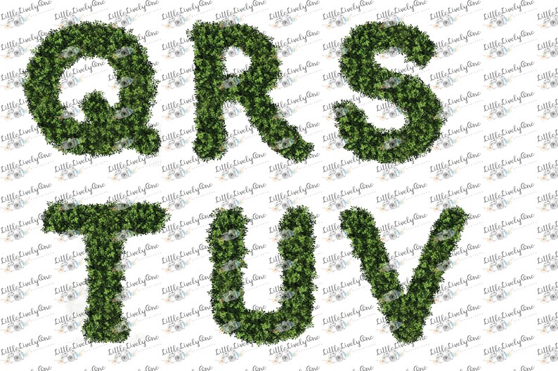 May include: Green leafy letters spelling out the letters QRS TUV. The letters are made of a green leafy material, like a bush or a hedge.