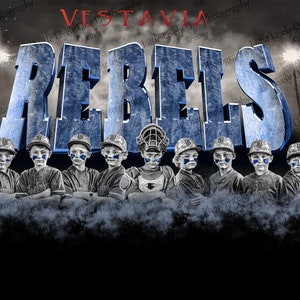 May include: A baseball team photograph with the word "REBEL" in large blue letters with a white outline. The team are wearing black and white uniforms with blue accents. The photo has a stormy sky background with lightning bolts.