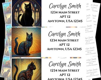 Cat Personalized Return Address Labels | Stained Glass Art Cat Labels | Custom Return Address Labels | Modern Cat Address Labels | Black Cat