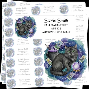Adresstickers zwarte kat | Heks Wicca Adresstickers | Magische retouradresetiketten | Tarotkaart Adres Retouradreslabels