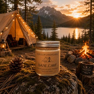 Base Camp Candle – Campfire & Pine Scent | Hand-Poured Soy Wax Candle | Hiking Inspired Gift | 8 oz Jar | Smoky + Sweet