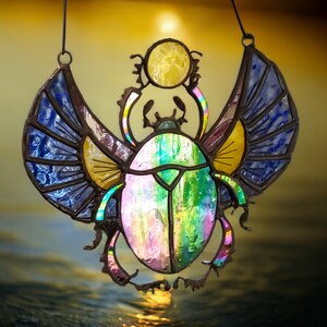 Scarab Stained Glass Suncatcher - Egyptian Beetle Decor, Sun Catcher Window Hanging, Mystic Insect Art