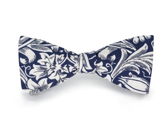 Handmade Men's floral vines navy white Bow Tie with adjustable strap / 100% cotton / Wedding Bow Tie / Gifts for men / Gifts for him